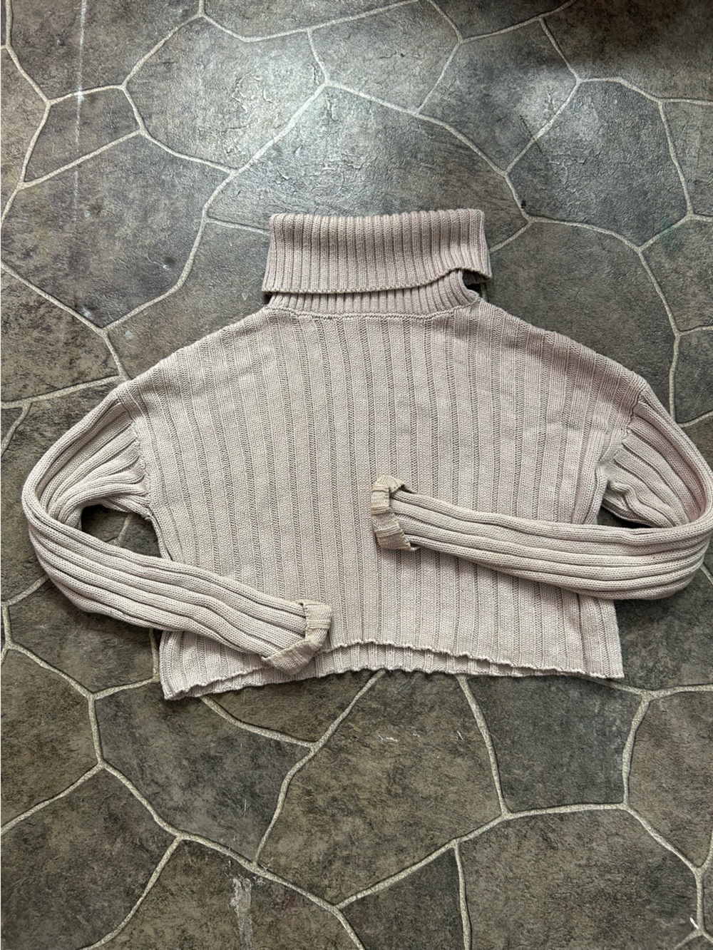 Turtleneck Ribbed Cropped Sweater in Light Beige